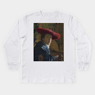 Girl with a Red Hat by Jan Vermeer Kids Long Sleeve T-Shirt